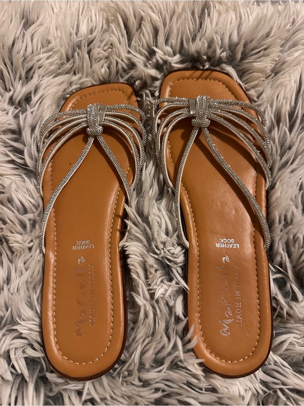 MARELLA Silver Strappy Slide Sandals with Tan Footbed